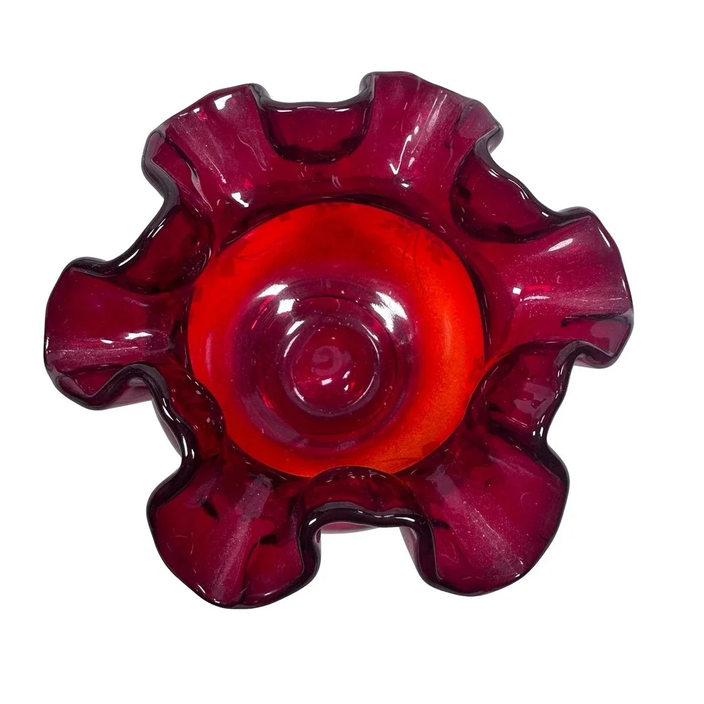 Fenton Ruby Red Glass Ruffled Rose Bowl Painted White Roses Sue Foster Glows UV